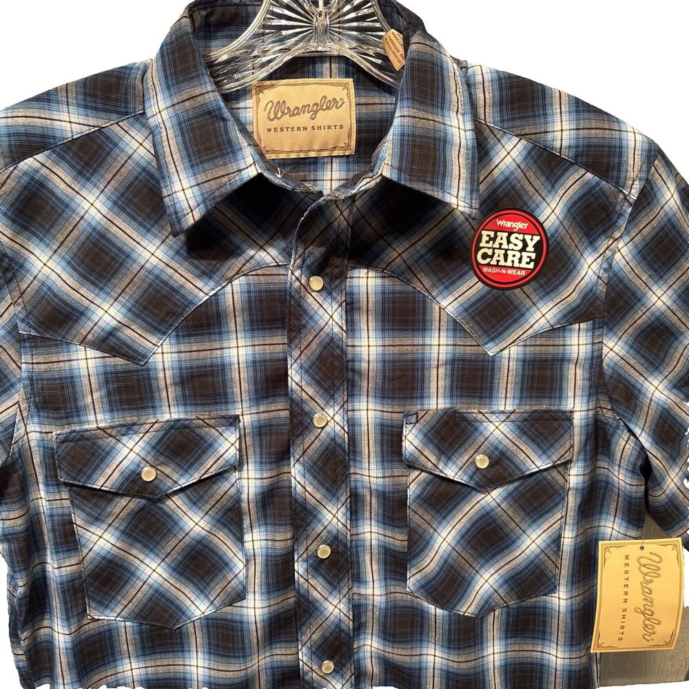 Wrangler Western Pearl Snap Cowboy Long Sleeve Blue/Gray/Black Plaid Shirt S NEW - Picture 4 of 16